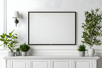 simple minimalist frame mockup poster hanging on the white wall