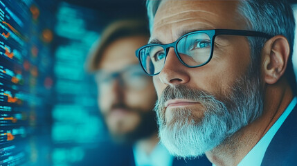 A man in glasses looks intently at a computer screen filled with code.