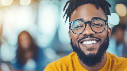 Poster - A smiling man with dreadlocks and a beard.