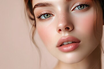 Wall Mural - Close-up photo of a beautiful young woman's face with fresh and smooth skin and pink lips with a light background _ smooth skin with skin and body care , ai