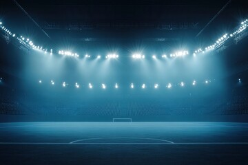 Wall Mural - Modern empty football stadium illuminated by spotlights with stages full of spectators ready to watching final game. Concept of professional sport, competition, championship, match, energy, ai