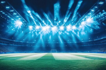 Wall Mural - Modern empty football stadium illuminated by spotlights with stages full of spectators ready to watching final game. Concept of professional sport, competition, championship, match, energy, ai