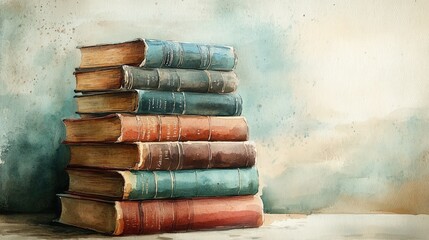 A stack of vintage, leather-bound books with faded covers and worn pages, painted in a watercolor style.