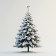 Minimalist 3D depiction of a snow-covered Christmas tree with a single ornament, isolated on a white background