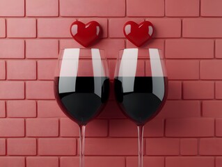 Two wine glasses with hearts on them are placed on a red brick wall