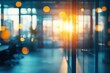 © SKIMP Art - Blurred office interior with a blurred background of a modern business workspace and a glass door in blurry motion, suitable for a banner design Generative AI