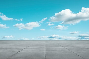 Wall Mural - Beautiful Blue Sky Background with Cloud Horizon and Empty Concrete Floor, perfect for showcasing concept cars, ai