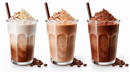 

Set with variety cold coffee drinks for cafe, iced mocha on white background 