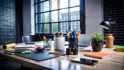 office supplies on a wooden table