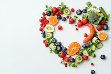 Wall Mural - Fruits and vegetables concept, Fruits and vegetables in heart shape on white background, ai