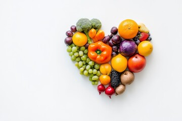 Wall Mural - Fruits and vegetables concept, Fruits and vegetables in heart shape on white background, ai