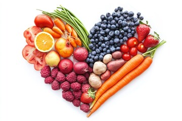 Wall Mural - Fruits and vegetables concept, Fruits and vegetables in heart shape on white background, ai