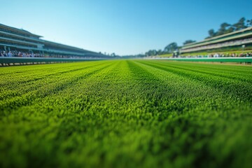 A low angle view of a green grass race track with blurred crowds and grandstands in the background.