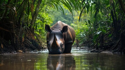 A rare Javan rhinoceros drinks from a river deep in a dense jungle, symbolizing one of the last remaining individuals of its kind, as global conservation teams fight to preserve its habitat.