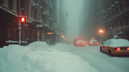 Snowstorm in an urban city street setting, windy snowflakes swirling around streetlights, cars, road and buildings in a blizzard, winter storms and blizzards, snow day background concept