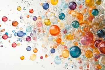 A vibrant explosion of colorful marbles against a white background.