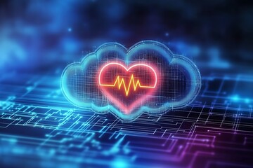 Cloud icon with heartbeat on digital background symbolizes health data security