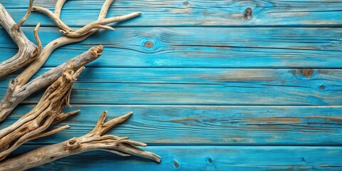 Blue wooden texture withered driftwood branches top view background for 2020 trendy color concept