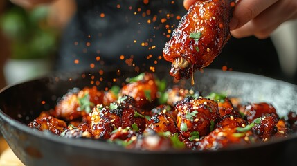 Close-up of crispy chicken wings coated in a sweet and savory sauce with sesame seeds.