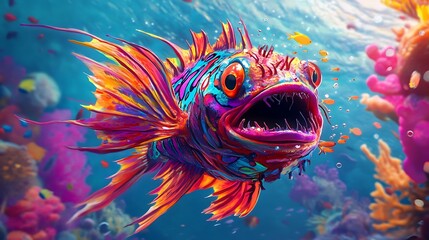 Playful Cartoon Venomous Fish in Colorful Animated Ocean Wonderland