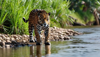 Poster - Jaguar gracefully traversing the river bank amidst lush vegetation