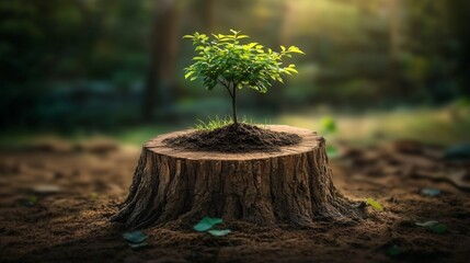 A young tree emerges from an old stump, representing resilience and rebirth.