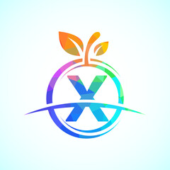 Initial alphabet X with the abstract apple logo. Healthy food logo design template