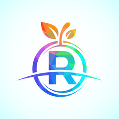 Initial alphabet R with the abstract apple logo. Healthy food logo design template