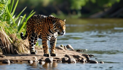 Poster - Jaguar gracefully traversing the river bank amidst lush vegetation