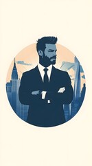 Wall Mural - Logo, vector-style logo of a businessman in a suit with a city skyline behind him, white background