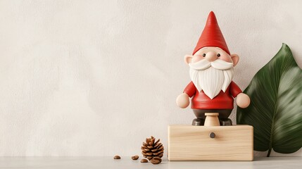 Cute garden gnome in red attire with a white beard and red hat, standing on a wooden box next to a large green leaf and pine cone on a neutral background.