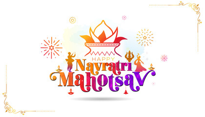 Navratri Kalash puja, dandiya dance and celebration background. Happy Navratri mahotsav typography concept for Indian hindu festival.