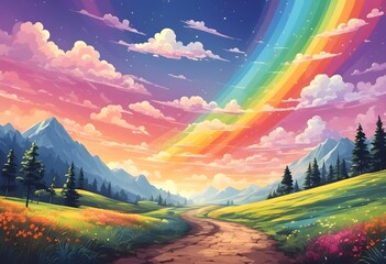 Wall Mural - Rainbow over green meadow, bright blue sky with clouds, graphic digital illustration banner wallpaper background HD copy space for text 