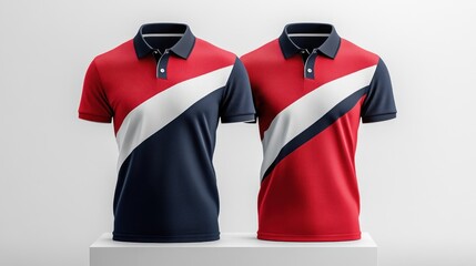 Bold and Vibrant Sport Polo Shirt Displayed on Podium with Innovative Design and Color Contrast against White Background