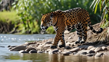 Poster - Jaguar gracefully traversing the river bank amidst lush vegetation