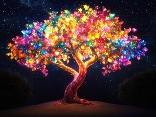 Bring to life a mesmerizing glowing tree with vibrant multicolored leaves suspended in a starry sky, evoking limitless imagination in a whimsical, dreamlike scene