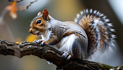 Wall Mural - Grey squirrel perched on a tree branch in a tranquil forest setting