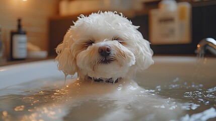 An adorable furry friend gets treated to a refreshing bubble bath. Pets grooming and cleaning concept.