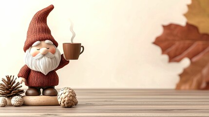 Wall Mural - A charming garden gnome with a knitted red hat holds a steaming cup while standing on a wooden platform, surrounded by pinecones and autumn leaves in a cozy, warm setting.