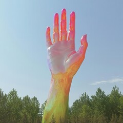 Craft a photorealistic portrayal of a colossal, rainbow-colored hand descending majestically from the heavens, embodying creative supremacy