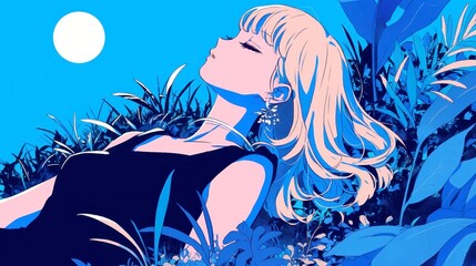 City Pop Dreamscape, an illustration of a young woman resting on a grassy hill beneath a full moon, cool breeze flowing, bold outlines, simple colors, pop art inspiration, dreamy palette.