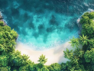 Wall Mural - Design a birds-eye view of a tropical paradise beach, featuring sparkling turquoise waters and lush green palm trees, in a surreal pastel digital art style