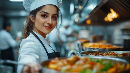 Wall Mural - Smiling lady chef in a busy kitchen stirring food in a pan with flames in the background