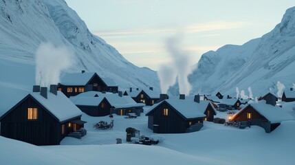 Sticker - Snow-covered village in a mountainous region with wooden houses emitting smoke from chimneys at dusk, indicating warm interiors and a cold, serene winter setting.