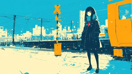 City Pop Dream, vibrant anime-inspired young woman at a train station, bold outlines, simple colors, geometric design, cool muted palette capturing an urban vibe.