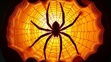 Canvas Print - A spooky spider silhouette sits in a web, lit from behind.