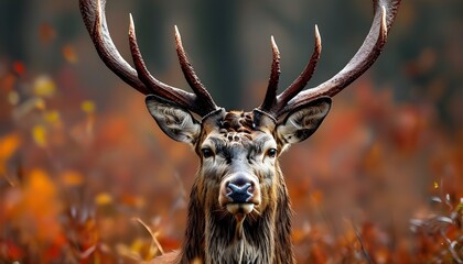 Wall Mural - Autumnal close-up of a red deer hind surrounded by vibrant fall foliage