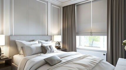 Contemporary bedroom featuring beige blackout roller blinds and shutters on plastic windows for a sleek look.