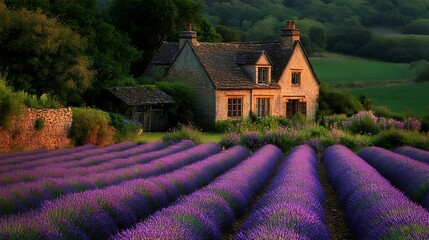 Wall Mural - A picturesque lavender field in full bloom under the summer sun
