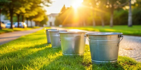 Three buckets of water sitting on a green grass street under the sunlight